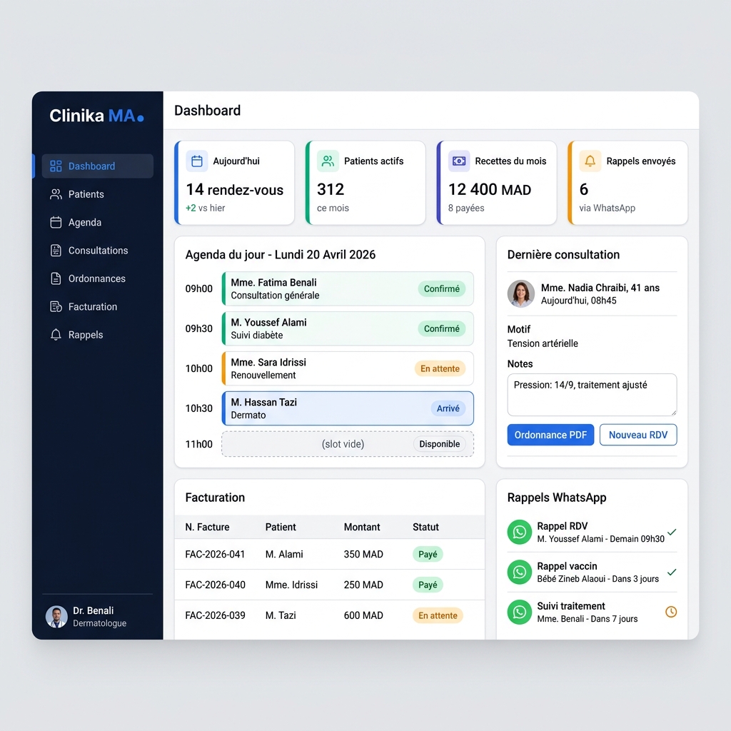 Interface Clinika MA — Tableau de bord médical